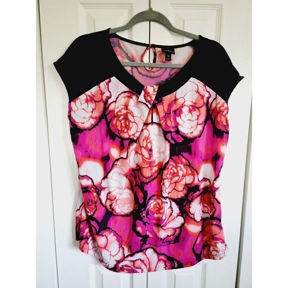 Worthington XL Women's Pink‎ And Black Floral Short Sleeve Blouse Keyholes - Picture 1 of 6